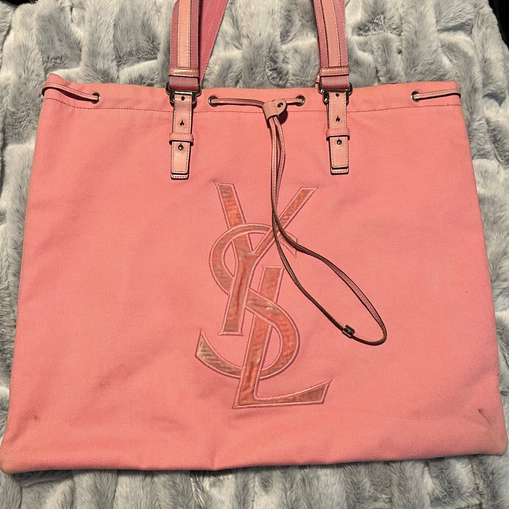 ๐ฏAuthentic Yves Saint Laurent Kahala Pink Canvas & Velvet YSL Logo Tote Bag - Picture 2 of 11